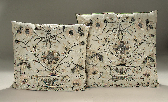 Pair of Silk & Silver Thread Crewel Embroidery Pillows, 18th century